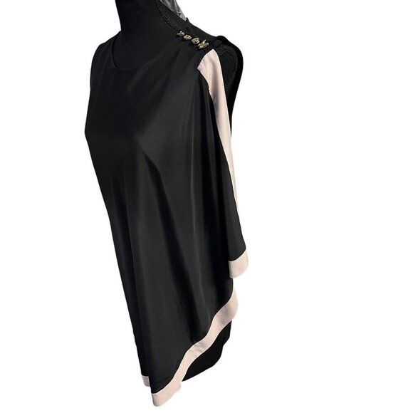 TED BAKER Black Sleeveless Asymmetrical Dress Women 4 Beige Trim Button Shoulder - Picture 2 of 13